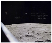 Al Worden & Dave Scott Signed 20'' x 16'' Photo of the Earth From a Lunar Vantage Point -- Worden Additionally Writes ''Earth: A distant memory seen in an instant of repose''