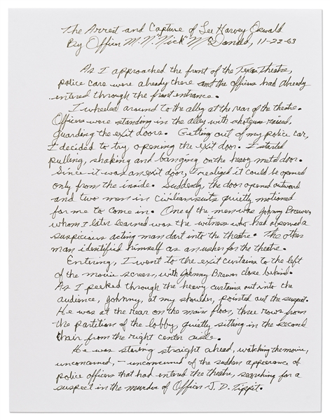 Lee Harvey Oswald Arrest Document Signed by Officer Nick McDonald, With Fascinating First-Hand Account of Oswald's Apprehension -- ''...I stared into his icy cold, steel blue eyes...''