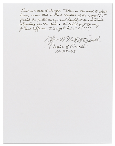 Lee Harvey Oswald Arrest Document Signed by Officer Nick McDonald, With Fascinating First-Hand Account of Oswald's Apprehension -- ''...I stared into his icy cold, steel blue eyes...''