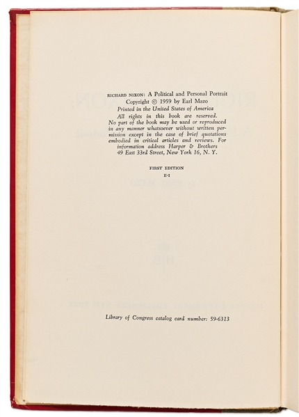 Richard Nixon Signed First Edition of His Biography ''Richard Nixon: A Political and Personal Portrait''