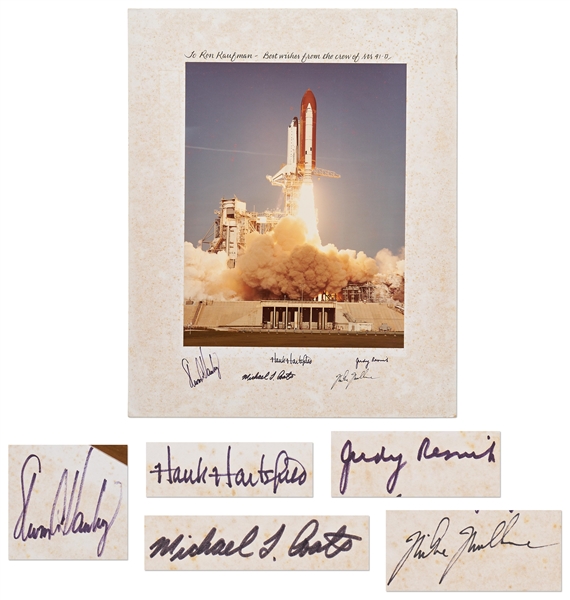 Space Shuttle Discovery STS-41D Crew-Signed Including Judy Resnick Launch Photo -- Measures 16'' x 20''