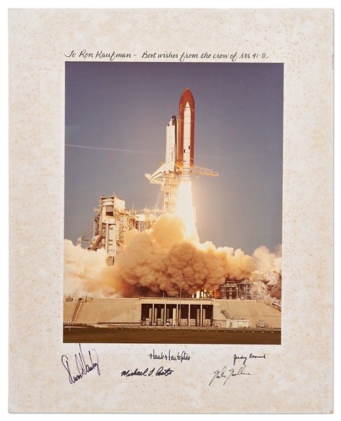 Space Shuttle Discovery STS-41D Crew-Signed Including Judy Resnick Launch Photo -- Measures 16'' x 20''