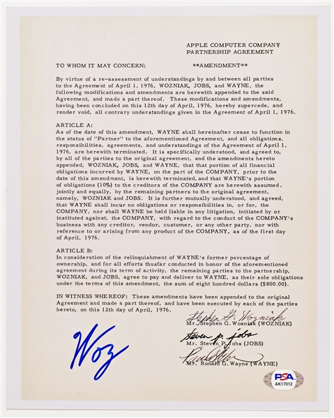 Steve Wozniak Signed Souvenir Partnership Agreement from 1976 for Apple Computer Company -- With PSA/DNA COA