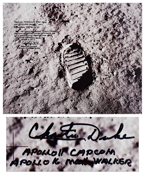 Charlie Duke Signed 20'' x 16'' Photo of the Famous Apollo 11 ''Footprint'' -- Duke Served as Apollo 11 CAPCOM and Describes the Moment When the Eagle Touched Down on the Moon