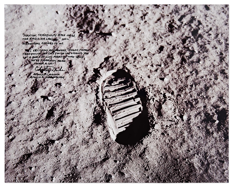 Charlie Duke Signed 20'' x 16'' Photo of the Famous Apollo 11 ''Footprint'' -- Duke Served as Apollo 11 CAPCOM and Describes the Moment When the Eagle Touched Down on the Moon