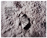 Charlie Duke Signed 20'' x 16'' Photo of the Famous Apollo 11 ''Footprint'' -- Duke Served as Apollo 11 CAPCOM and Describes the Moment When the Eagle Touched Down on the Moon