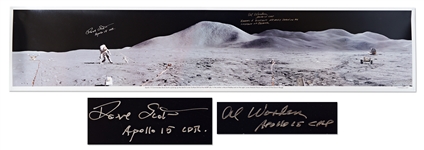 Al Worden & Dave Scott Signed Panoramic 40.5 x 8.5 Photo of the Moons Surface -- Worden Additionally Writes His Famous Quote About Seeing Earth From the Moon