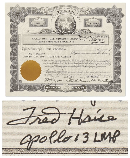 Fred Haise Signed Souvenir Stock Certificate for the Apollo Long Haul Transport Company -- Haise Signs the Gag Certificate, ''Houston we've had a problem here!''