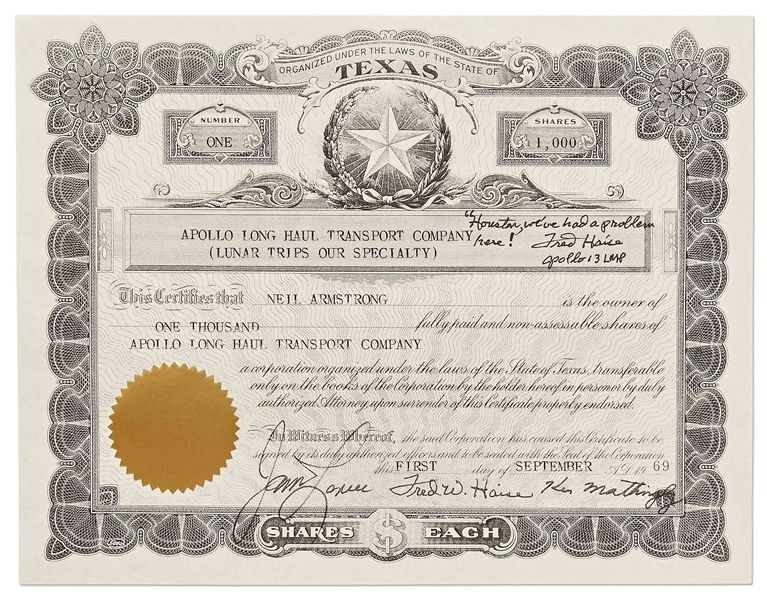 Fred Haise Signed Souvenir Stock Certificate for the Apollo Long Haul Transport Company -- Haise Signs the Gag Certificate, ''Houston we've had a problem here!''