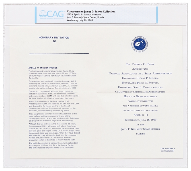 Original Apollo 11 Launch Invitation -- Encapsulated by CAG