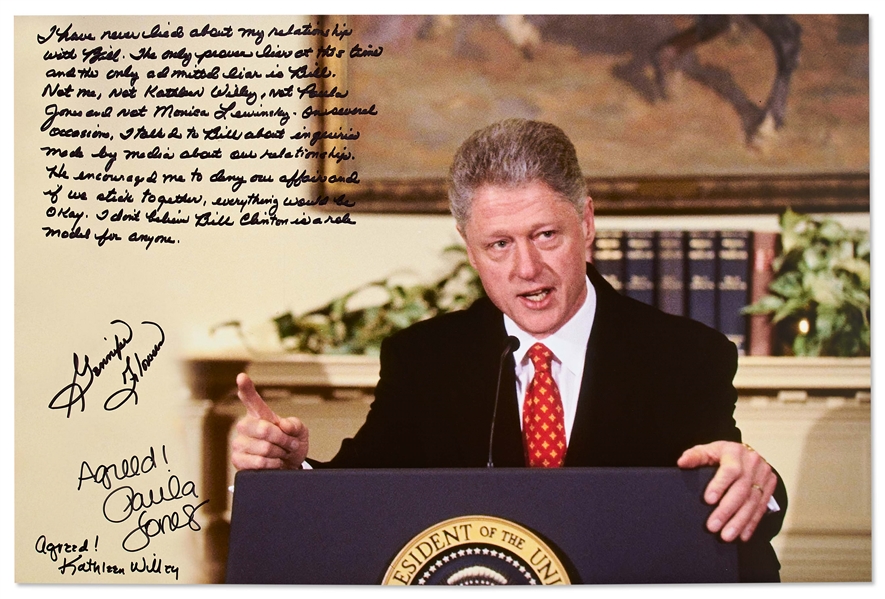 Gennifer Flowers, Paula Jones & Kathleen Willey Signed 20 x 16 Photo of Bill Clinton During the Infamous Finger Wagging Press Conference