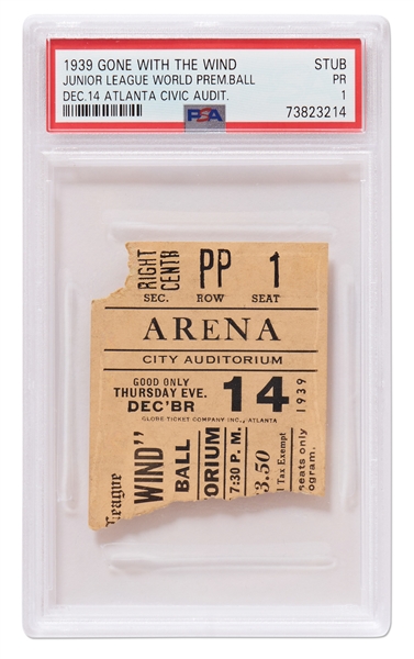 Ticket to the Gone With the Wind World Premiere Atlanta Ball in 1939 -- Encapsulated by PSA/DNA
