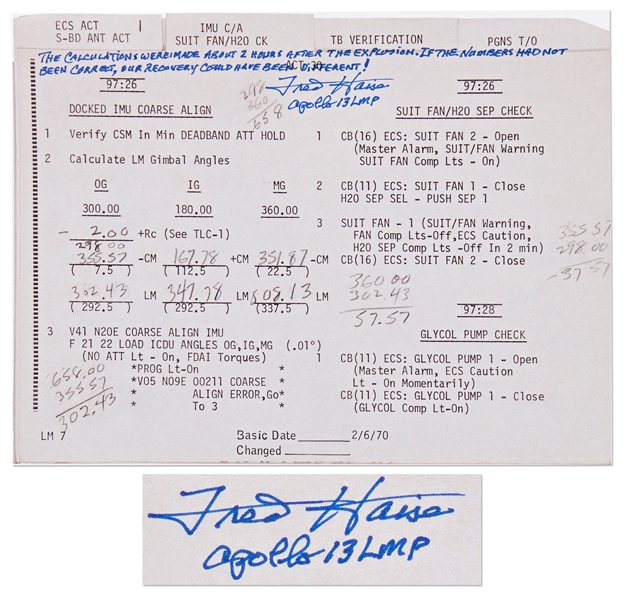 Fred Haise Signed Apollo 13 Flight Plan Notes -- With Additional Writing by Haise on Their Significance, Noting that ''our recovery could have been different!''