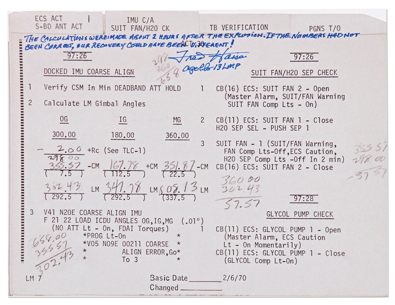 Fred Haise Signed Apollo 13 Flight Plan Notes -- With Additional Writing by Haise on Their Significance, Noting that ''our recovery could have been different!''