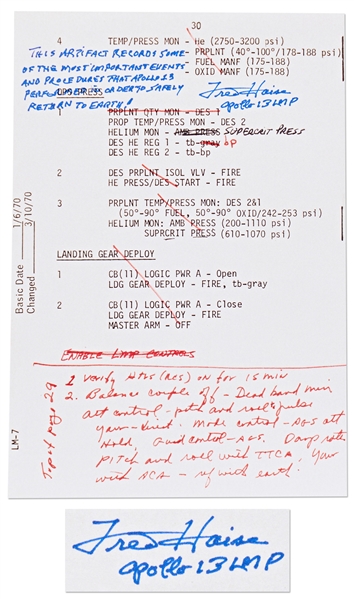 Fred Haise Signed Apollo 13 Mid-Course Correction Burn Notes -- With Additional Writing by Haise on the Significance of the Notes