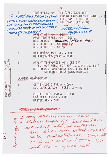 Fred Haise Signed Apollo 13 Mid-Course Correction Burn Notes -- With Additional Writing by Haise on the Significance of the Notes