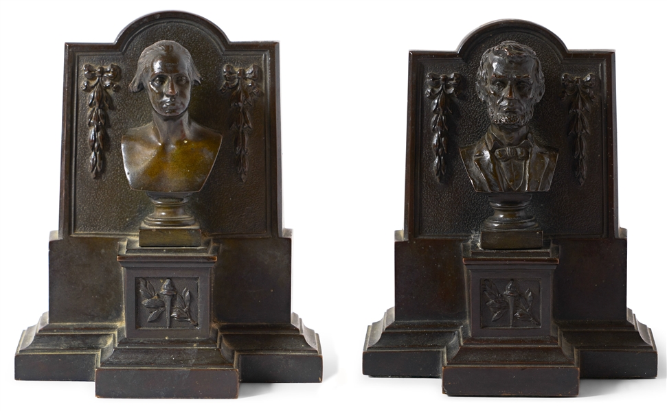 Pair of Bronze George Washington and Abraham Lincoln Bookends -- Cast by Griffoul's Newark Foundry, Circa Early 20th Century
