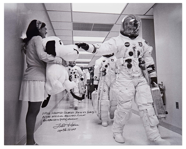 Fred Haise Signed 20'' x 16'' Photo of Apollo 10 Commander Tom Stafford Tapping Snoopy's Nose Before the Mission -- Haise Writes: ''NASA adopted Charles Schulz's Snoopy as the official...mascot''