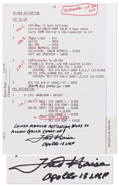 Fred Haise Signed Apollo 13 ''Lunar Module activation...to allow quick start-up!''