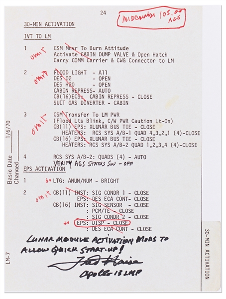 Fred Haise Signed Apollo 13 ''Lunar Module activation...to allow quick start-up!''