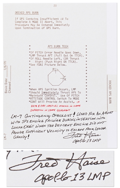 Fred Haise Signed Lunar Module Contingency Checklist Used to Escape from Lunar Gravity -- With Handwritten Statement by the Apollo 13 LMP