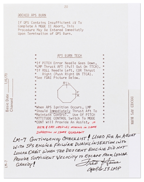 Fred Haise Signed Lunar Module Contingency Checklist Used to Escape from Lunar Gravity -- With Handwritten Statement by the Apollo 13 LMP