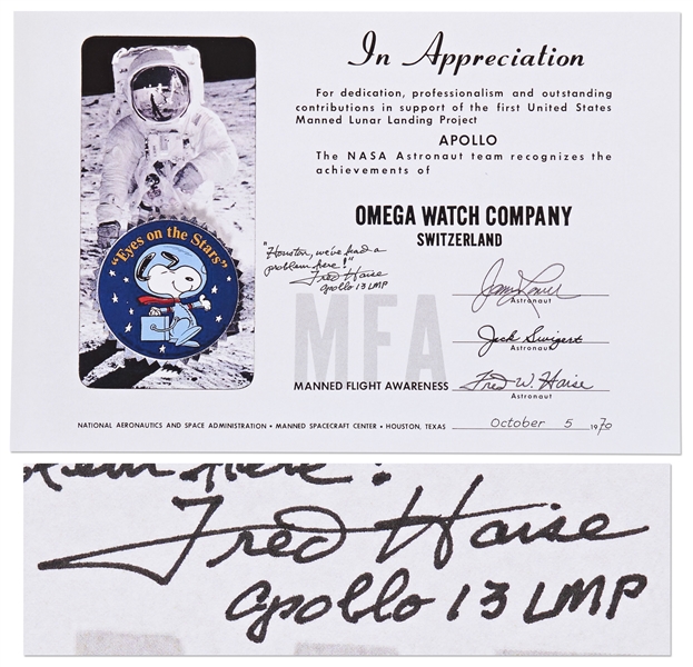 Fred Haise Signed Snoopy Award NASA Certificate Given to the Omega Watch Company After Apollo 13