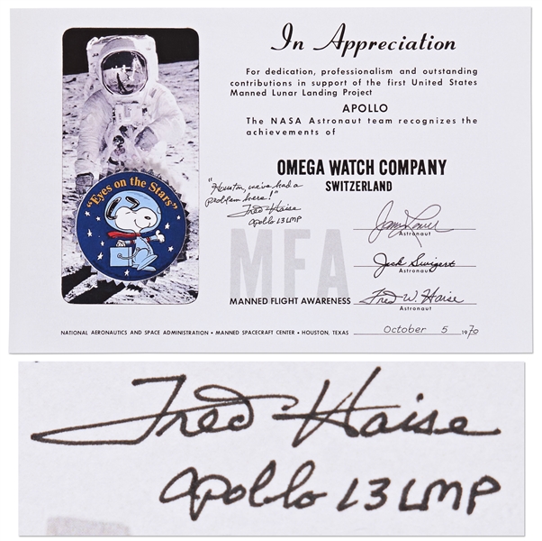 Fred Haise Signed Snoopy Award NASA Certificate Given to the Omega Watch Company After Apollo 13