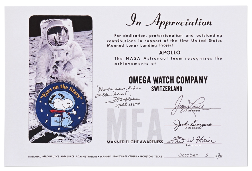 Fred Haise Signed Snoopy Award NASA Certificate Given to the Omega Watch Company After Apollo 13