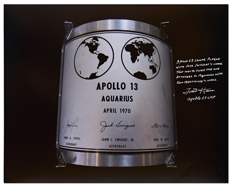 Fred Haise Signed 20'' x 16'' Photo of the Apollo 13 Lunar Plaque -- Haise Mentions How Jack Swigert Replaced Ken Mattingly on the Mission