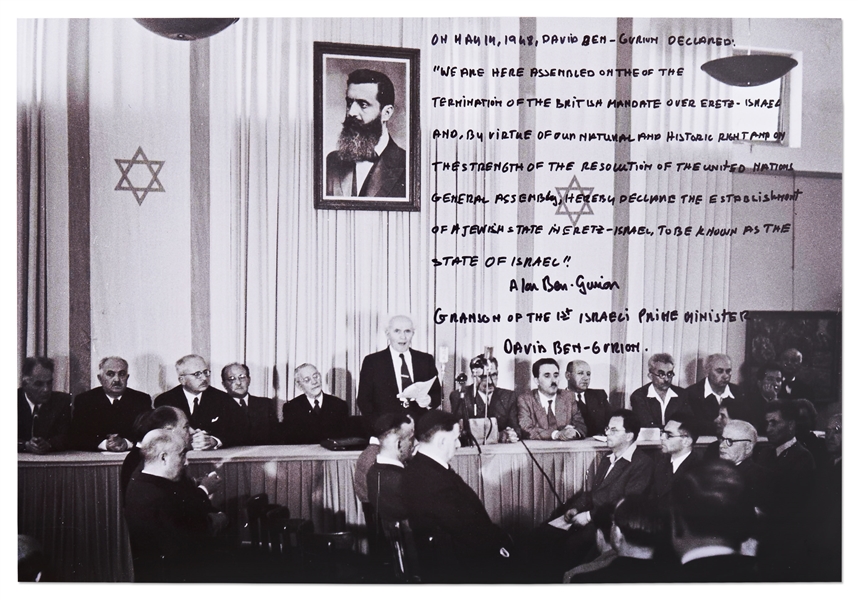 Large 20'' x 16'' Photo of the Signing of the Israeli Declaration of Independence, with Handwritten Excerpt from the Grandson of David Ben-Gurion