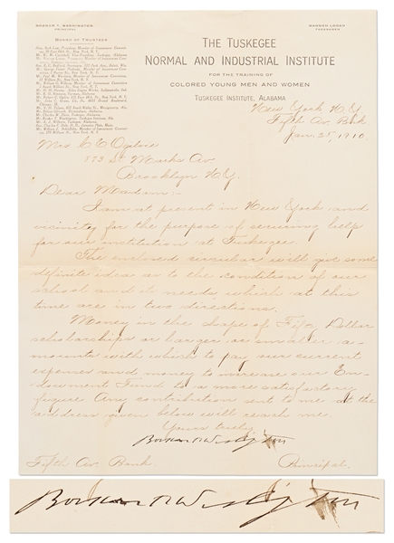 Booker T. Washington Letter Signed as Principal of The Tuskegee Institute