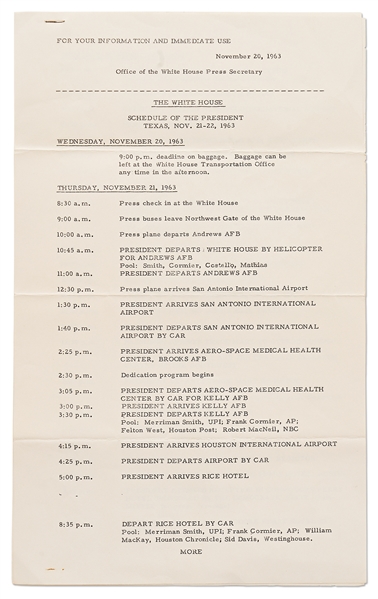 Press Release Detailing John F. Kennedy's Schedule for His Dallas, Texas Trip on 20-22 November 1963