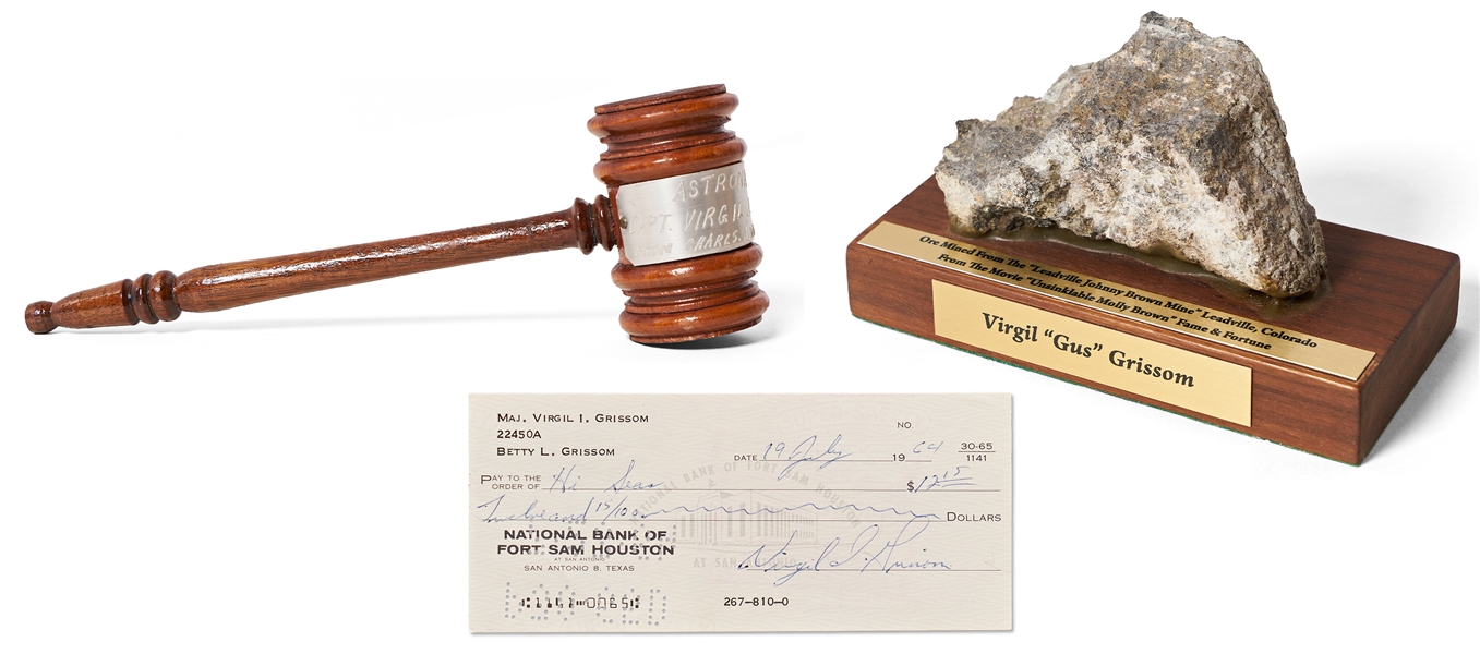 Gus Grissom Lot of Items -- Includes Signed Check, Personally Owned Gavel & Piece of Ore from ''Unsinkable Molly Brown'' Film