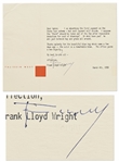 Frank Lloyd Wright Letter Signed Regarding a beautiful blue rug & Payment for the State Fair scheme Referencing the Marin County, California Fairgrounds Pavilion and Amphitheatre Projects