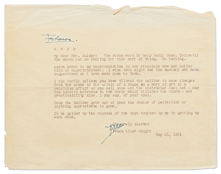 Frank Lloyd Wright Lot of Correspondence Regarding the Della Walker House in Carmel, one of Wright's Most Famous Houses -- Includes 5 Letters Signed by Wright, 3 Telegrams & Dozens of Letters