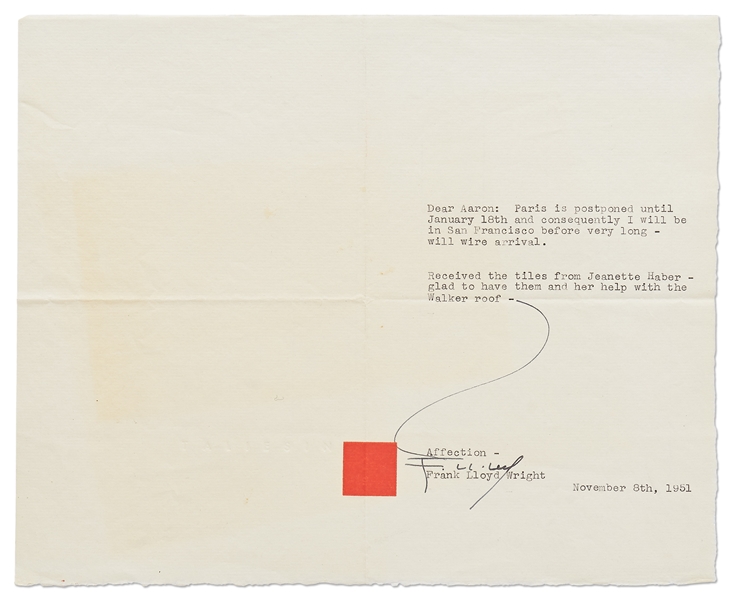 Frank Lloyd Wright Lot of Correspondence Regarding the Della Walker House in Carmel, one of Wright's Most Famous Houses -- Includes 5 Letters Signed by Wright, 3 Telegrams & Dozens of Letters