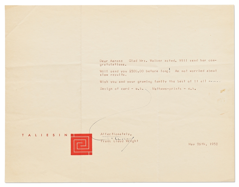 Frank Lloyd Wright Lot of Correspondence Regarding the Della Walker House in Carmel, one of Wright's Most Famous Houses -- Includes 5 Letters Signed by Wright, 3 Telegrams & Dozens of Letters