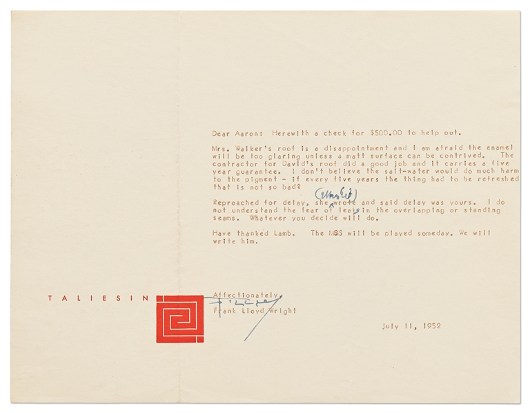 Frank Lloyd Wright Lot of Correspondence Regarding the Della Walker House in Carmel, one of Wright's Most Famous Houses -- Includes 5 Letters Signed by Wright, 3 Telegrams & Dozens of Letters