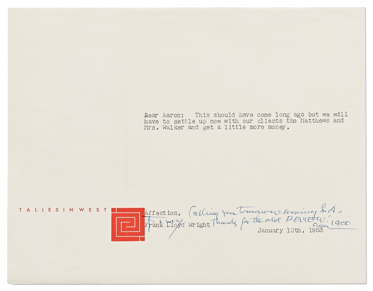 Frank Lloyd Wright Lot of Correspondence Regarding the Della Walker House in Carmel, one of Wright's Most Famous Houses -- Includes 5 Letters Signed by Wright, 3 Telegrams & Dozens of Letters