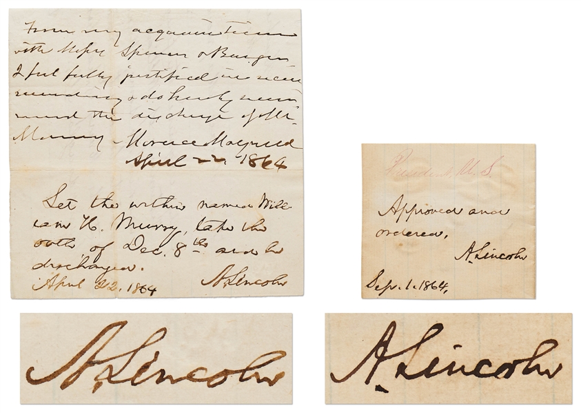 Lot of Two Abraham Lincoln Autograph Endorsements Signed from 1864 -- Lincoln Issues Amnesty to a Confederate Soldier & Approves an Executive Order