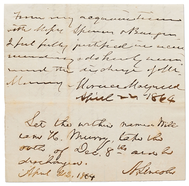 Lot of Two Abraham Lincoln Autograph Endorsements Signed from 1864 -- Lincoln Issues Amnesty to a Confederate Soldier & Approves an Executive Order