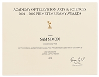 Emmy Nomination for The Simpsons Given to Sam Simon in 2002 for Episode She of Little Faith -- From the Sam Simon Estate