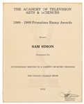 Emmy Nomination for The Tracey Ullman Show Given to Sam Simon in 1989 -- From the Sam Simon Estate