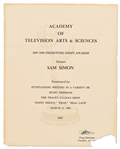 Emmy Nomination for The Tracey Ullman Show Given to Sam Simon in 1988 -- From the Sam Simon Estate