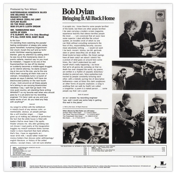 Bob Dylan Signed Album ''Bringing It All Back Home'' -- With a COA From Jeff Rosen