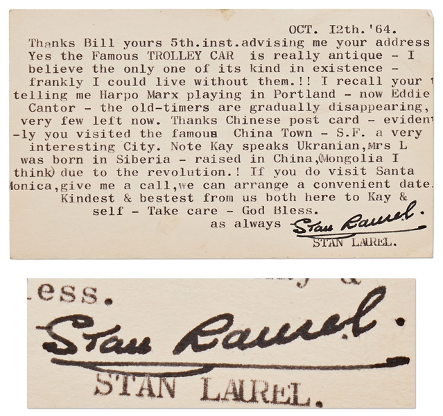 Stan Laurel Letter Signed Regarding Eddie Cantor and Harpo Marx's Deaths -- ''...the old-timers are gradually disappearing...''