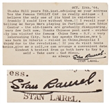 Stan Laurel Letter Signed Regarding Eddie Cantor and Harpo Marxs Deaths -- ...the old-timers are gradually disappearing...