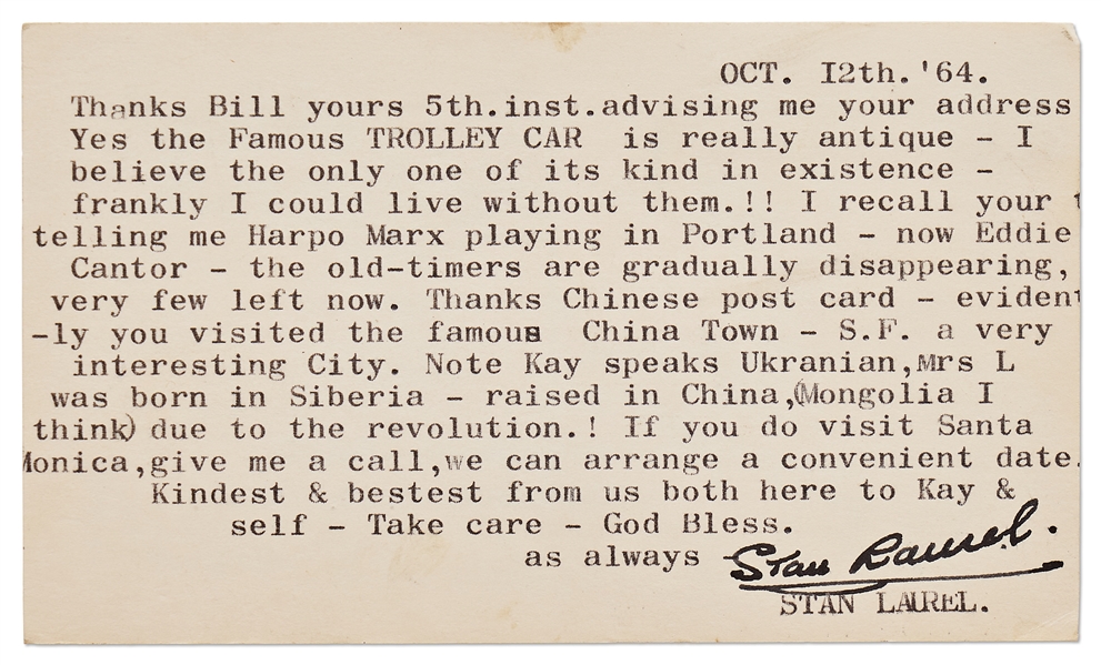 Stan Laurel Letter Signed Regarding Eddie Cantor and Harpo Marx's Deaths -- ''...the old-timers are gradually disappearing...''