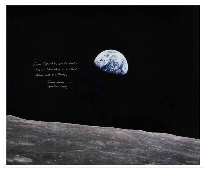 Frank Borman Signed 20'' x 16'' ''Earthrise'' Photo -- ''...Good night, Merry Christmas and God Bless all on Earth...''